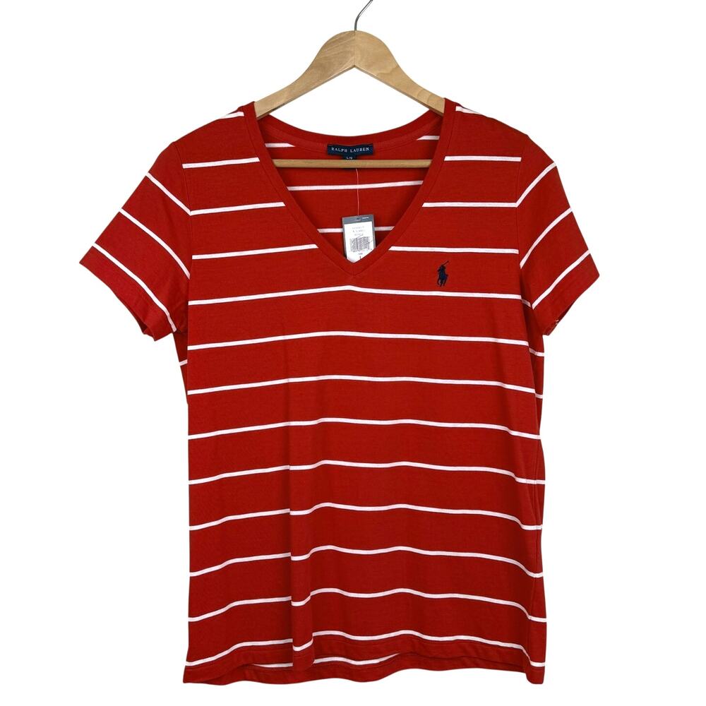 Ralph Lauren Striped V Neck T Shirt Cotton Red White Size L Preppy NWT
